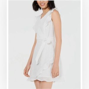 Bar III Eyelet- lace faux wrap ruffled mini dress